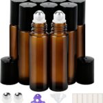Amber Glass Roller Bottles for Essential Oil with Stainless Steel Roller Ball, Refillable Leak-proof Empty Roll on Bottles with Caps for Perfume, DIY, Beauty & Personal Care.