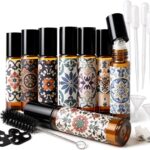 Roller Bottles for Essential Oils Roll On Bottles Glass, Roller Bottle Thick Empty Glass with Oil Perfume Lip Gloss DIY Kits Boho Stickers, Leak-Proof Refillable for Travel Gift.